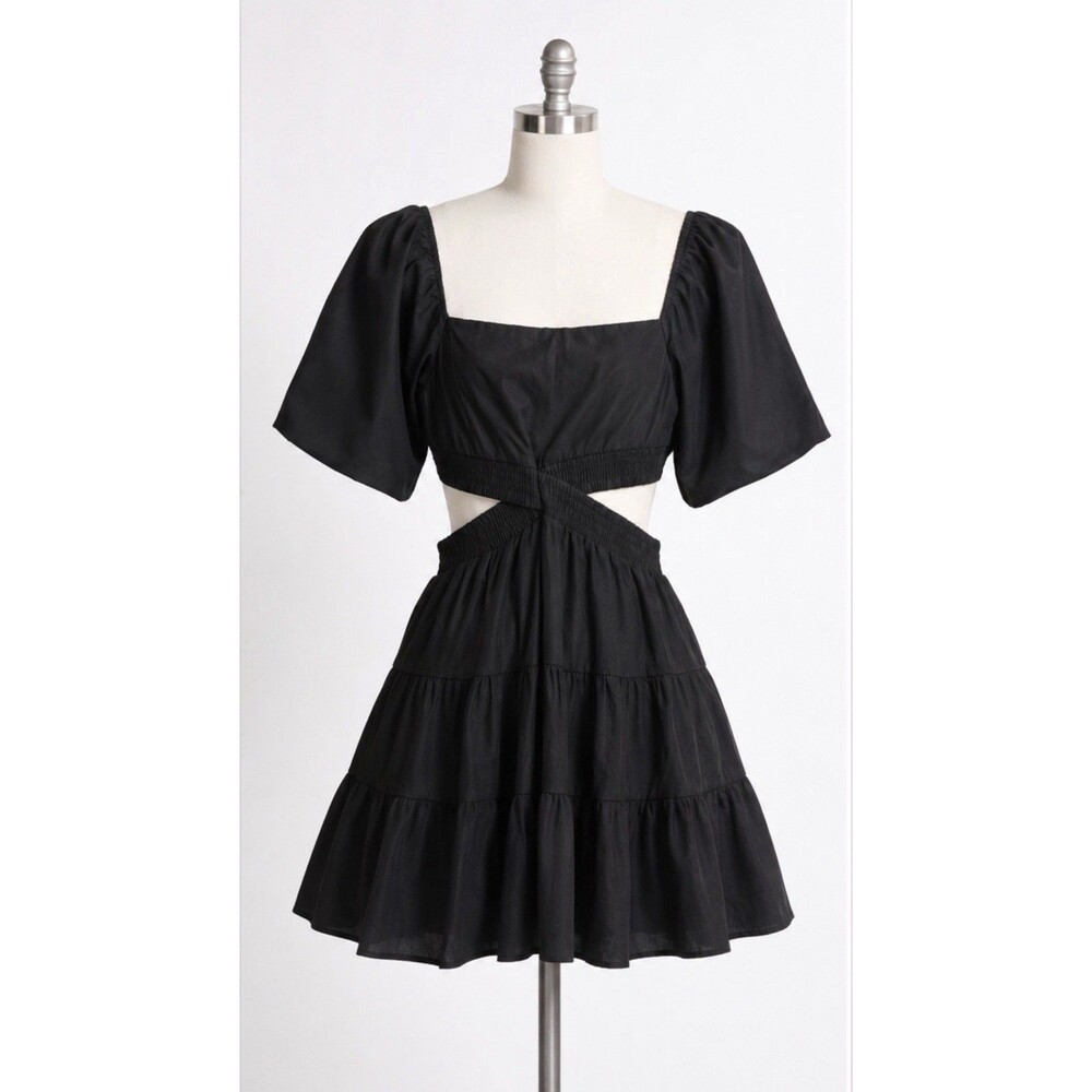 OWNGIGI Black Cutout Mini Dress Puff Sleeve Square Neck Babydoll Cottagecore S